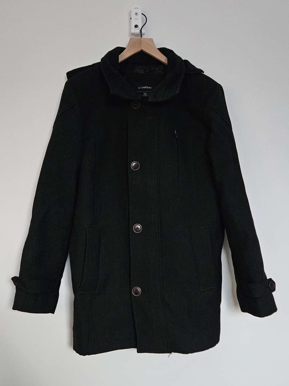 Le Chateau Men's Black Wool Pea Coat With Hood, size Medium